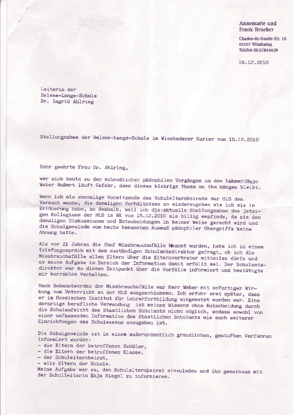 Offener Brief von Annemarie Beucker, ehemalige Schulelternbeirätin derHelene-Lange-Schule, vom 16.12.2010, anlässlich der Erklärung der Helene-Lange-Schule vom 15.12.2010