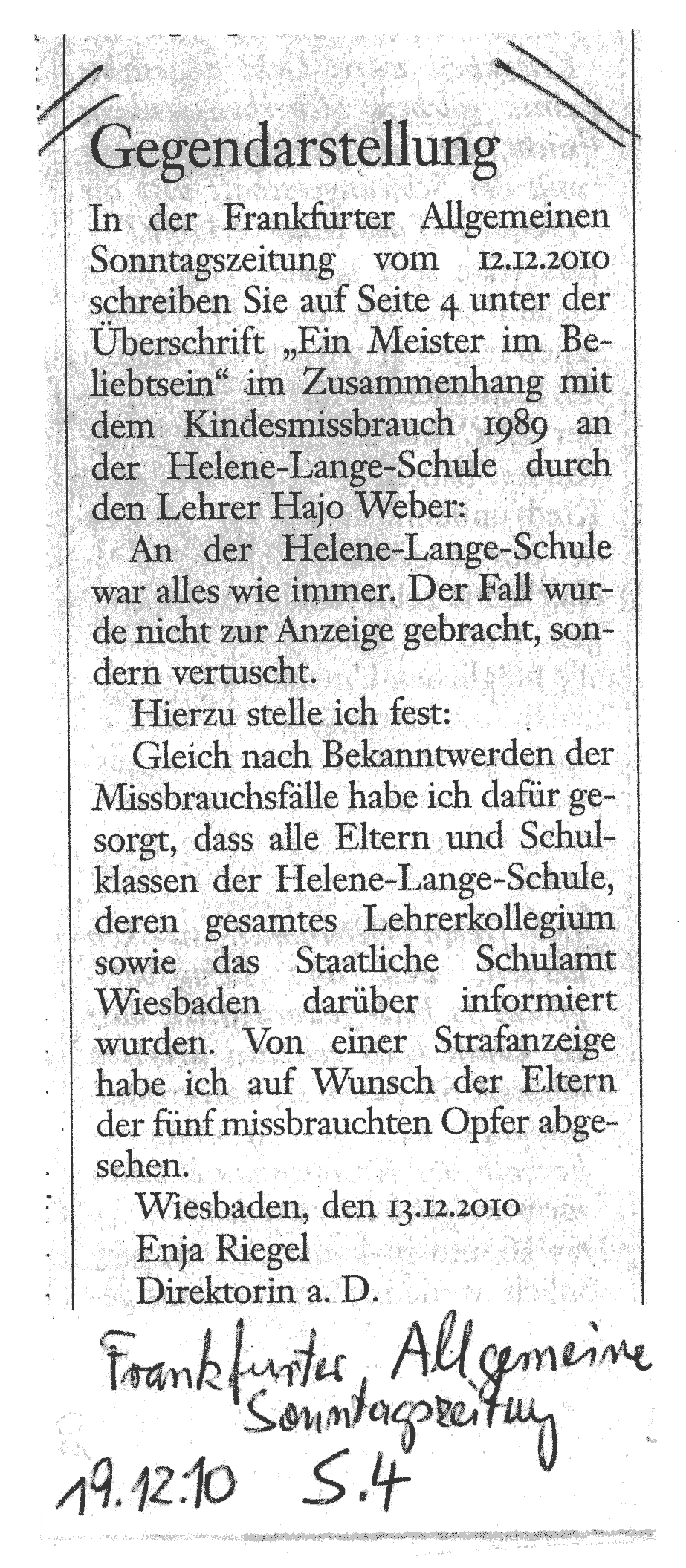 Gegendarstellung in der "Frankfurter Allgemeinen Sonntagszeitung vom 19.12.2010